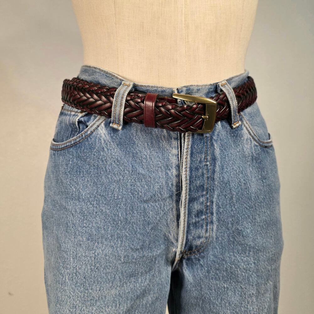 Burgundy Braided Belt Gold Tone Buckle Boho Western Size Large